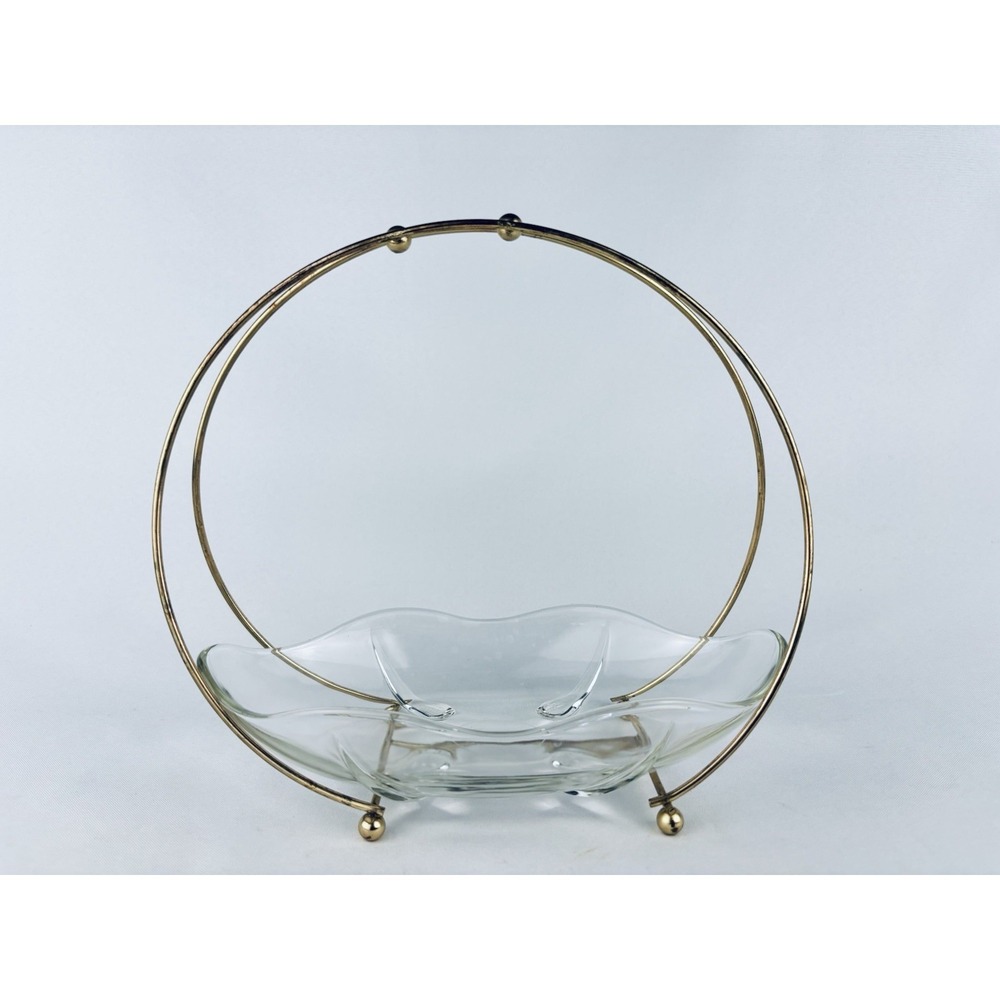 Vintage Brass Centerpiece Bowl Glass Candy Snack Dish MCM Retro